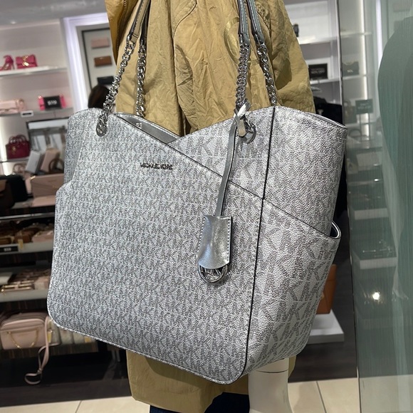 Michael Kors Jet Set Travel Large Chained Tote Shoulder Bag MK Silver - Picture 11 of 16